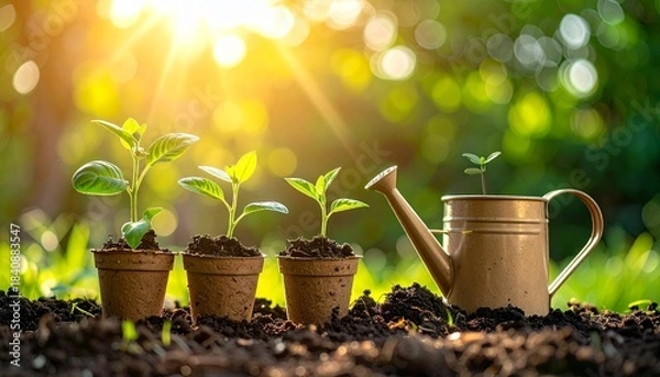 Obraz tools, young plant seedlings in biodegradable 