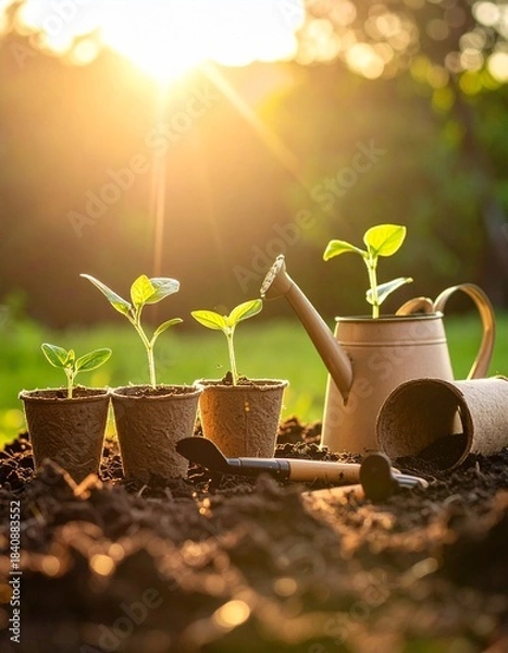 Obraz tools, young plant seedlings in biodegradable 