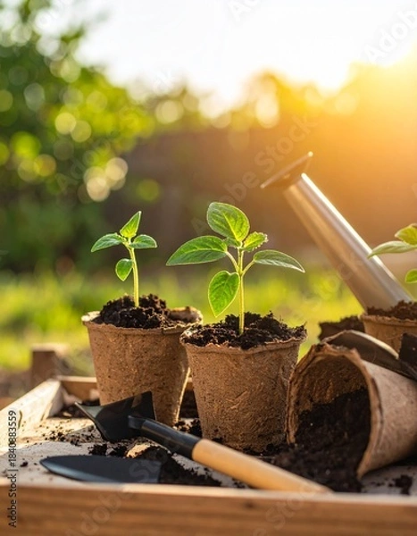 Obraz tools, young plant seedlings in biodegradable 