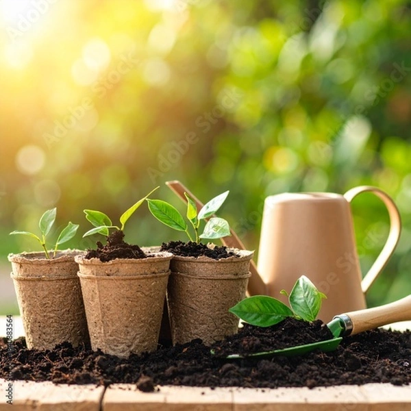 Obraz tools, young plant seedlings in biodegradable 