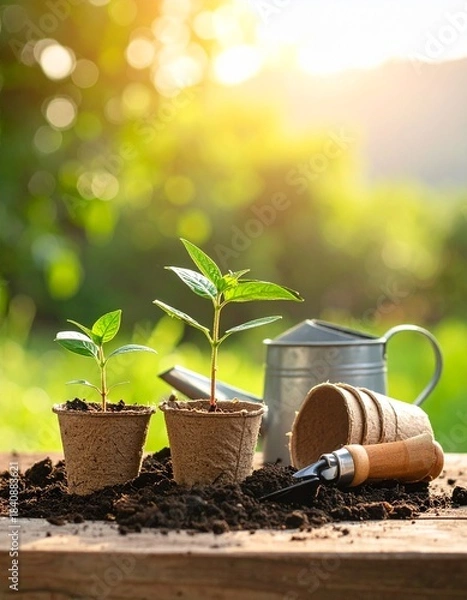 Obraz tools, young plant seedlings in biodegradable 