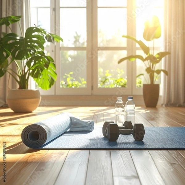 Obraz workout corner with yoga mat rolled 