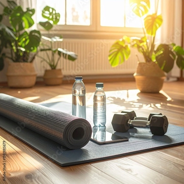 Obraz workout corner with yoga mat rolled 