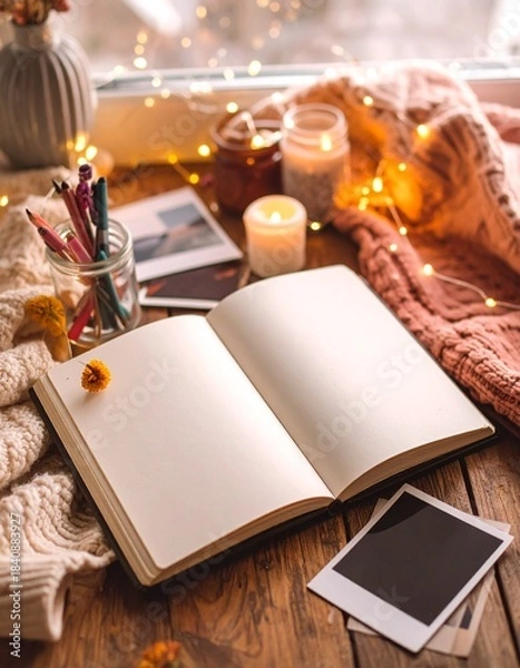 Obraz setup with open notebook, colorful pens, 