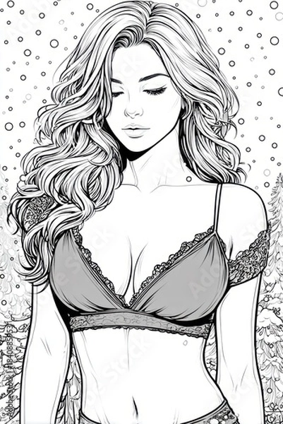 Fototapeta Black and white line art of a peaceful woman with wavy hair in lingerie, eyes closed, set in a snowy outdoor winter scene ideal for adult coloring books or fashion themes.