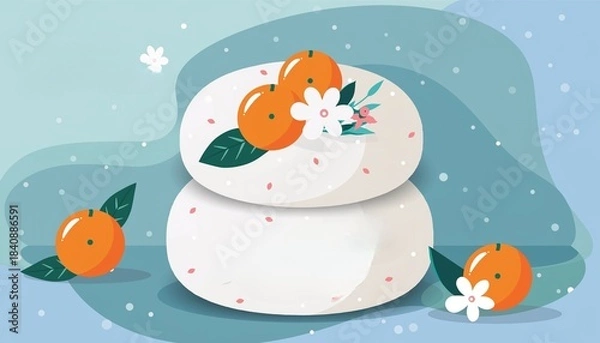 Fototapeta 鏡餅　鏡餅（かがみもち）とは、お正月に年神様（としがみさま）をお迎えし、豊作や健康、家族の繁栄を祈るために飾る、大小2段に重ねた丸いお餅