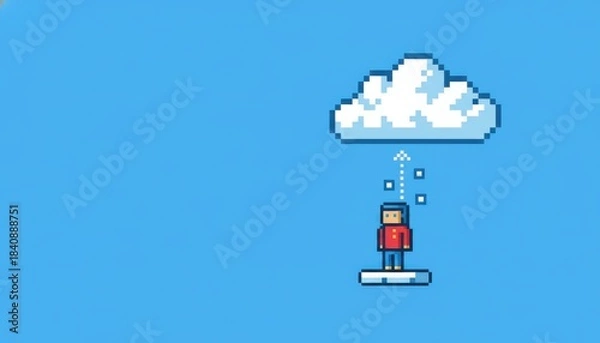 Fototapeta Pixel art character uploading data to cloud