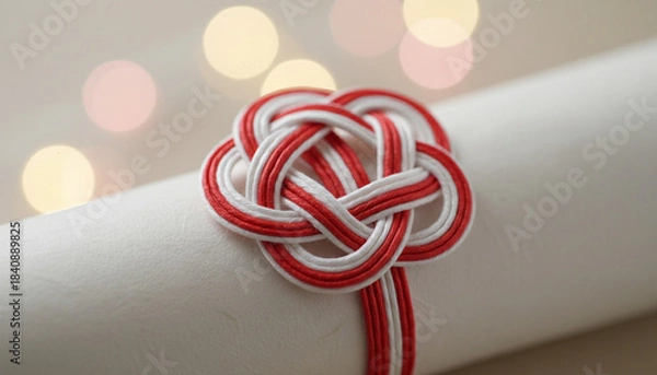 Obraz 紅白の水引で作った梅結びのクローズアップと温かいボケ背景の正月飾り