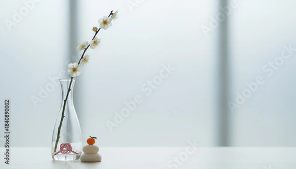 Obraz ガラス花瓶の白い梅の花と鏡餅飾りと水引のミニマルなお正月イメージ