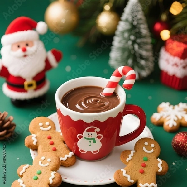 Obraz 4k high quality Ai generative HD photo realistic red green white Christmas tree ornament bauble decoration gingerbread cookies cup glass milk chocolate Santa Claus background candy cane spoon drink