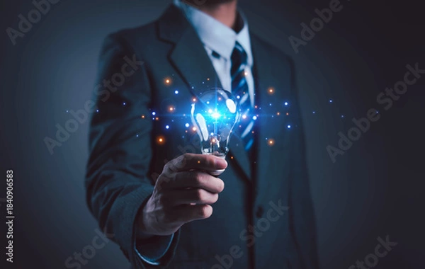 Fototapeta Innovation and inspiration concept. Businessman holding creative light bulb with industry and marketing development network icons. Strategic planning. Modern business and inspiration Idea innovation