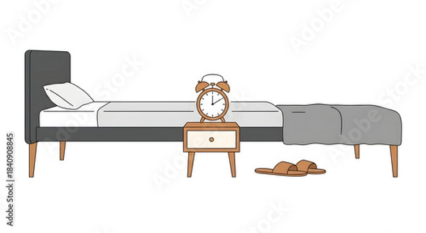 Obraz Minimalist Bedroom Interior with Bed, Nightstand, Alarm Clock & Slippers. Simple Home Decor Illustration