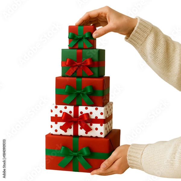Obraz Stacking Christmas Gift Tower with Hands