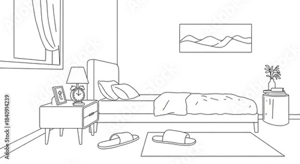 Obraz Minimalist Line Art Bedroom Interior Illustration. Simple Outline Drawing of a Modern Room with Bed, Nightstand, and Window Decor.