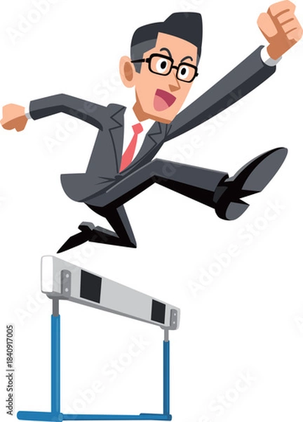 Obraz ハードルを飛び越えるメガネをかけたスーツ姿の男性