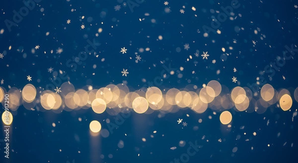 Obraz Soft focus bokeh lights and falling snow on a dark blue background