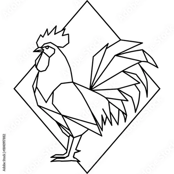 Fototapeta Geometric rooster silhouette inside a diamond-shaped frame, sharp lines, minimalist branding style