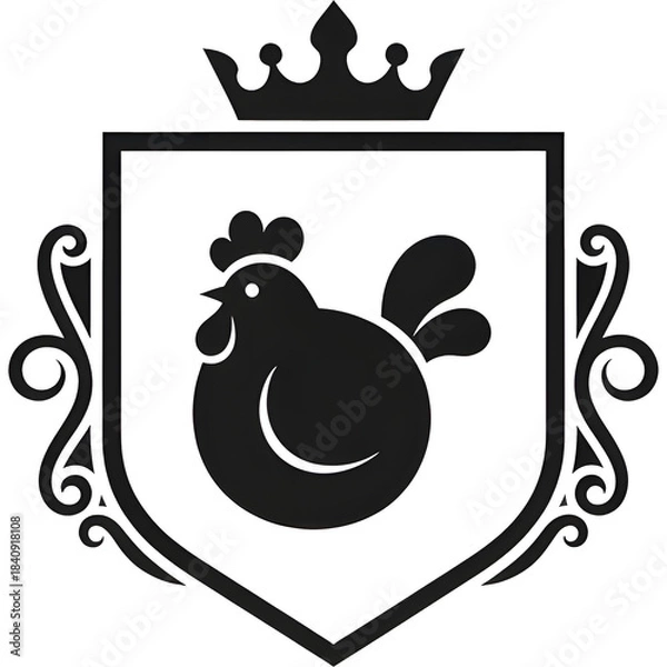 Fototapeta Round rooster mark placed within a classic crest logo frame, simple black silhouette