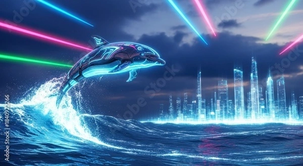 Obraz A cyberpunk dolphin leaps from the ocean waves with a futuristic city skyline and colorful laser beams in the night sky above it
