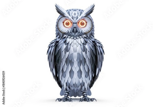Obraz An owl with metallic feathers isolated on white background, showcasing a blend of nature and technology in a sleek, modern design