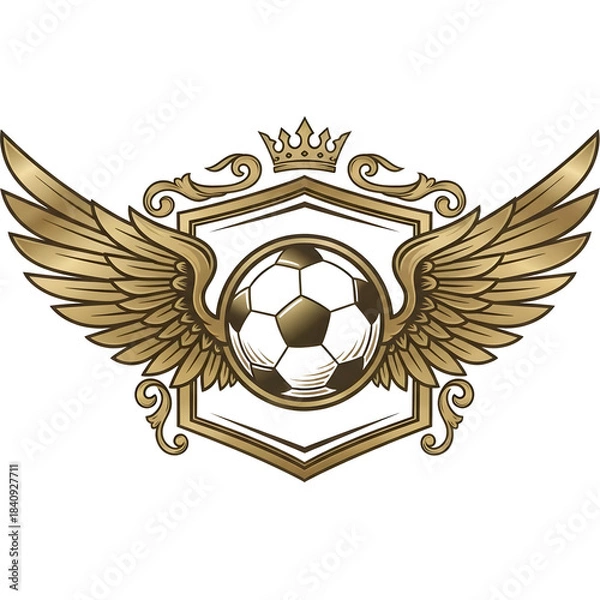 Fototapeta High-end soccer logo with wings and ball integrated into a luxurious vintage crest frame, metallic gold styling