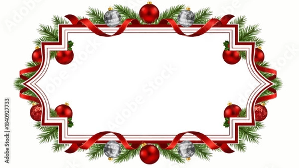Fototapeta Elegant festive frame border design featuring vibrant red ribbons and shiny Christmas ornaments perfect for holiday announcements