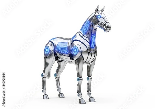 Obraz A futuristic robotic horse stands tall, its metallic body gleaming with blue accents, isolated on white background, showcasing advanced technology