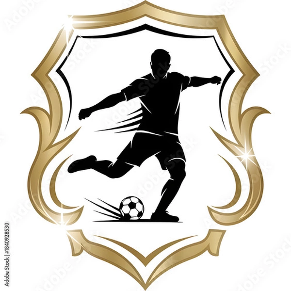 Fototapeta Premium soccer logo with dynamic player silhouette enclosed in an elegant crest frame with metallic gold edge