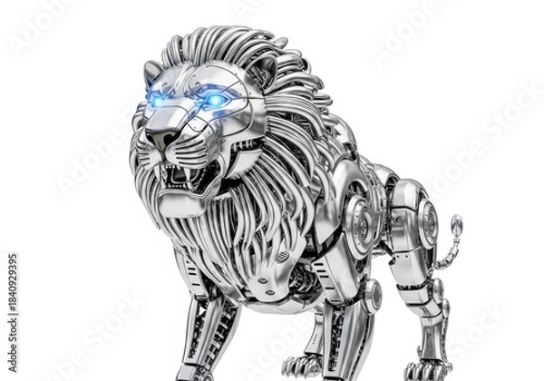 Obraz A majestic mechanical lion with glowing blue eyes, displaying advanced robotic engineering and a regal posture isolated on white background