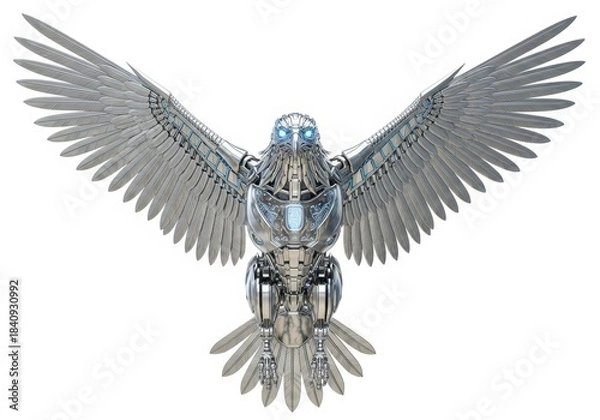 Obraz Mechanical marvel a robotic eagle with outstretched wings, isolated on white background, showcases intricate design and futuristic aesthetics