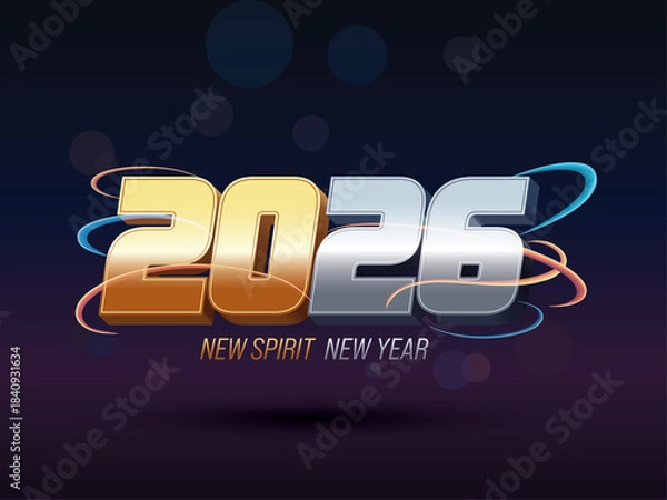 Obraz 2026 New Year Text Effect with Gold and Silver Typography – Festive Celebration Design with Confetti and Light Trails