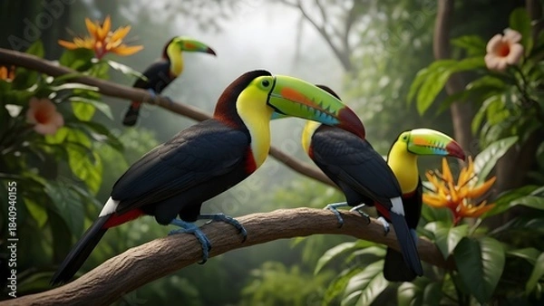 Fototapeta Yellow-Billed Toucan Perched on a Tree Branch in Tropical Forest