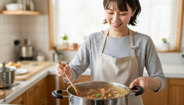 Obraz カレー・シチューを料理する女性