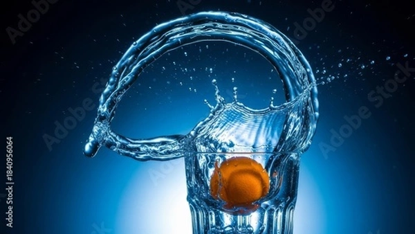 Fototapeta High-Speed Splash Photography of Orange Dropped in Water with Dramatic Motion, Fluid Dynamics, Clear Glass, Dark Background, and Perfect Timing