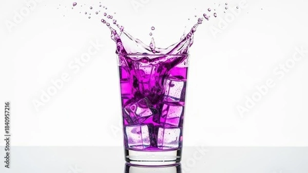 Fototapeta Vibrant Purple Drink Splash with Ice Cubes in Clear Glass on White Background – Dynamic Beverage Photography for Creative Visual Impact