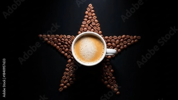 Fototapeta White Coffee Cup in Star-Shaped Coffee Bean Arrangement on Black Background – Artistic Caffeine Concept for Premium Branding and Visual Appeal