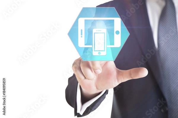Fototapeta business man finger smart phone and tablet icon touch. business and technology concept 