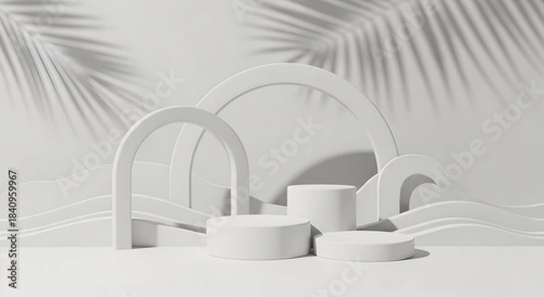 Obraz Minimalist White Product Display with Abstract Arches and Cylinders