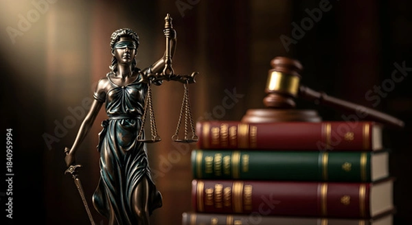 Obraz Lady Justice Statue with Scales, Sword, Gavel, and Law Books in Dramatic Lighting