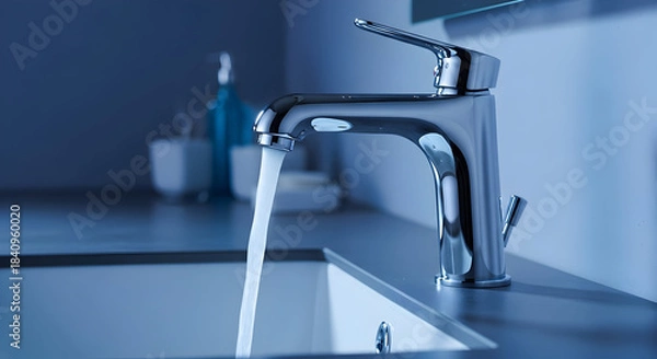 Obraz Modern chrome faucet with running water in a minimalist bathroom setting