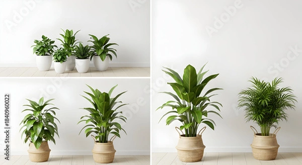 Obraz Stylish Indoor Plants in Various Pots Against a White Wall