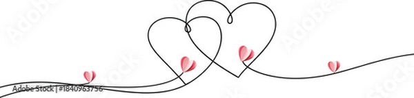 Fototapeta Continuous line art of two intertwined hearts with subtle pink paper heart accents, symbolizing love, connection, and romantic unity on a clean white background