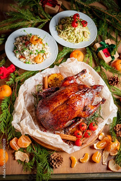 Fototapeta A beautifully roasted turkey sits at the center, flanked by fresh vegetables and seasonal fruits