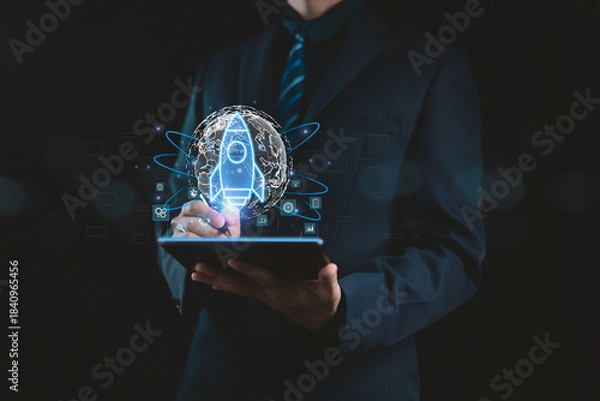 Fototapeta Business leaders are leveraging artificial intelligence (AI) technology by interacting with virtual AI interfaces to drive innovation, data analytics, and digitalization in modern business strategies.