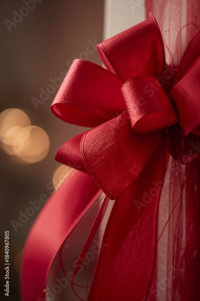 Obraz リアルな赤いリボンとボウが中央に映えるプレゼント包装用の高級感あふれる縦長デザイン背景. 生成AI