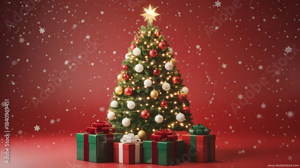 Fototapeta Glowing christmas tree and colorful gift boxes on festive red background