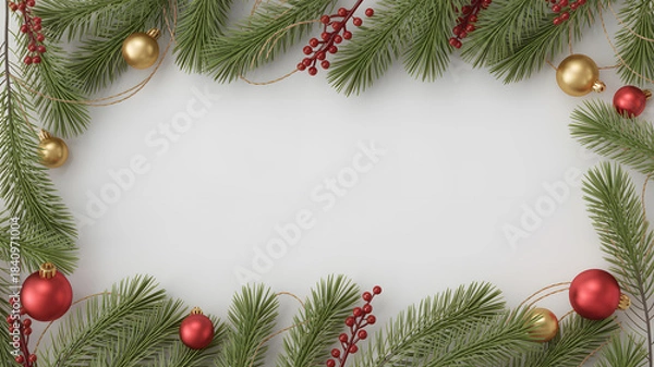 Fototapeta Merry holiday greenery frame with red and gold ornaments