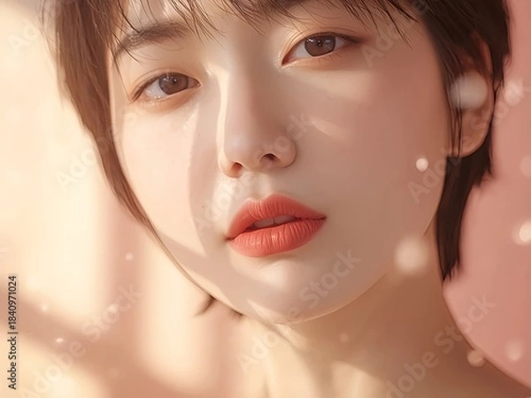 Obraz 輝く美肌に可愛らしいメイクをまとったアジア人女性の美容ポートレート