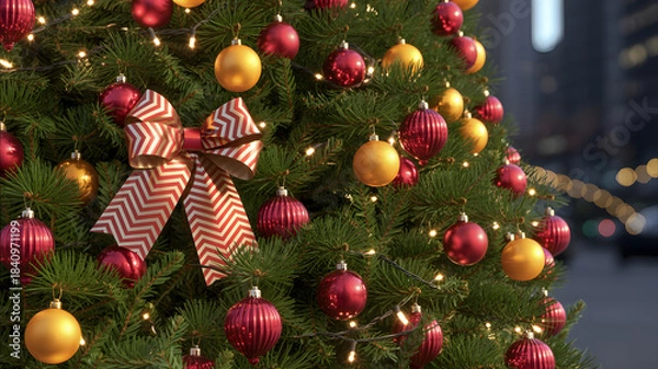 Fototapeta Brightly decorated christmas tree with red and gold ornaments and a chevron bow