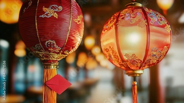 Obraz Red-Gold Patterned Double Lanterns with Red Envelope Dining Empty Space, Catering Promotion Material, Chinese-chic New Year Ambiance, Suitable for Chinese Restaurant Spring Festival Promotion